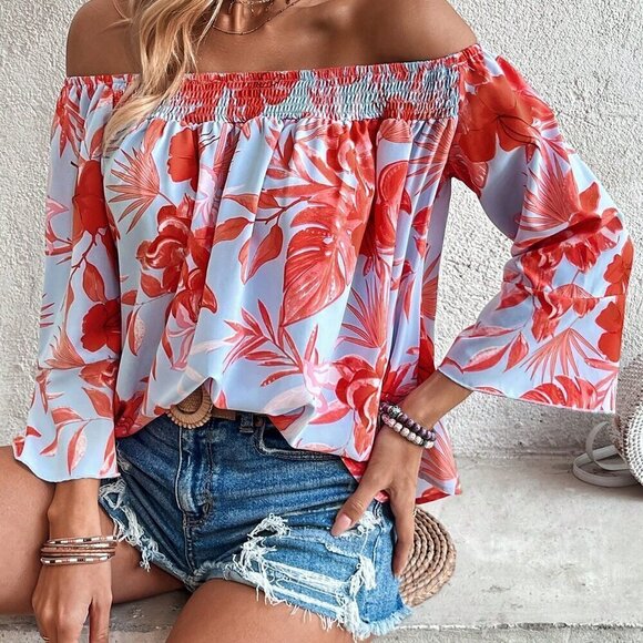 Multicolor Boho Women's Off Shoulder Blouse With Tropical Plant Print - Picture 3 of 6